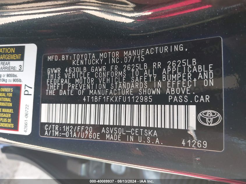 2015 Toyota Camry Se VIN: 4T1BF1FKXFU112985 Lot: 40089937