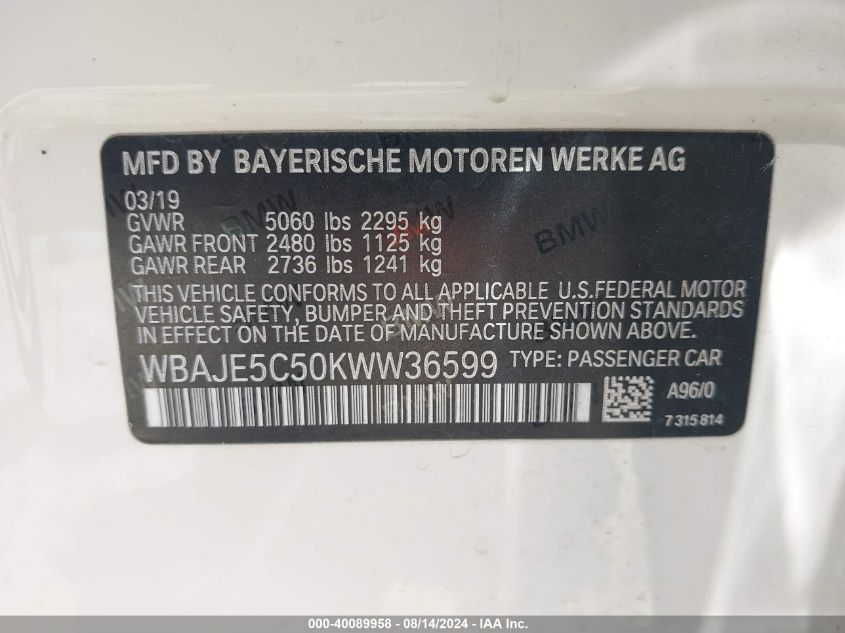 2019 BMW 540I VIN: WBAJE5C50KWW36599 Lot: 40089958