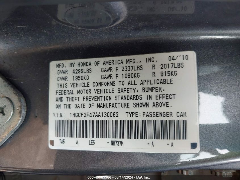 1HGCP2F47AA130062 2010 Honda Accord 2.4 Lx-P