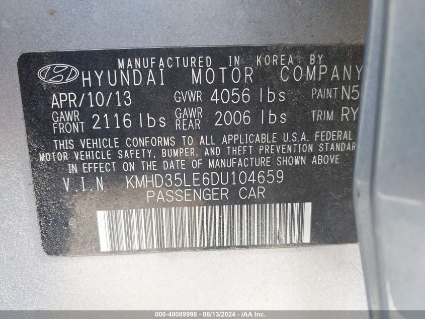 2013 Hyundai Elantra Gt VIN: KMHD35LE6DU104659 Lot: 40089998