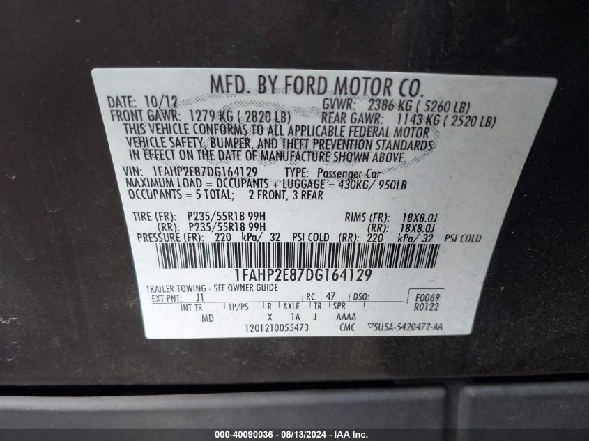 2013 Ford Taurus Sel VIN: 1FAHP2E87DG164129 Lot: 40090036