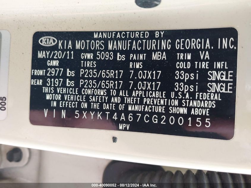 2012 Kia Sorento Lx VIN: 5XYKT4A67CG200155 Lot: 40090052