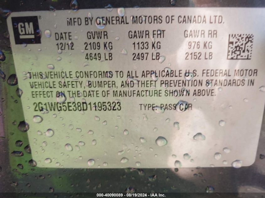 2G1WG5E38D1195323 2013 Chevrolet Impala Lt