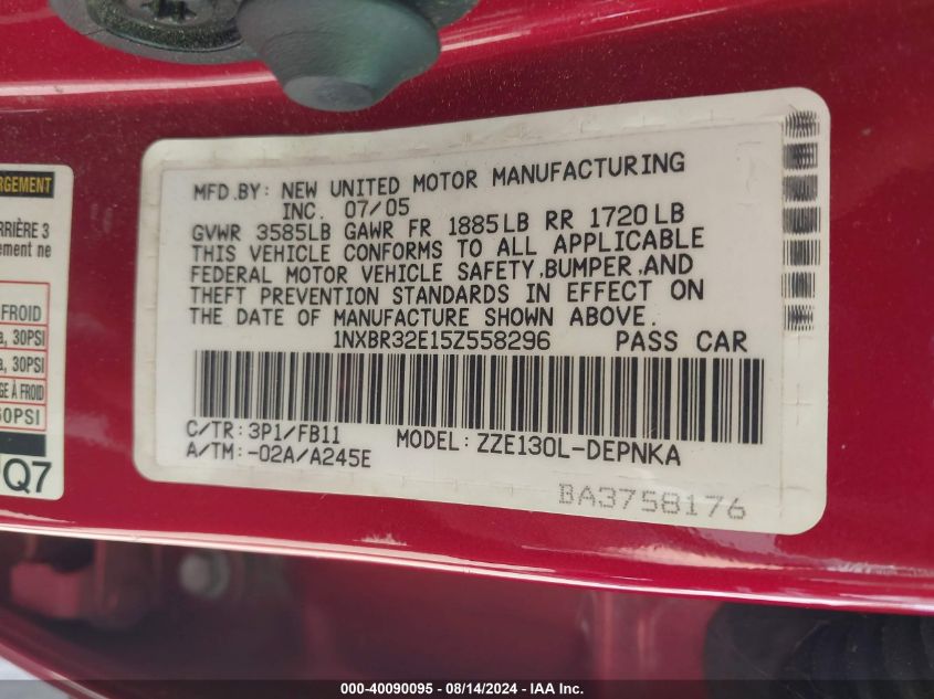 2005 Toyota Corolla Le VIN: 1NXBR32E15Z558296 Lot: 40090095