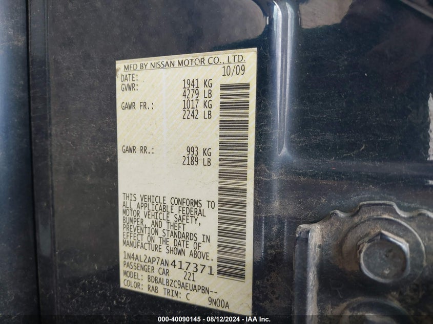 2010 Nissan Altima S VIN: 1N4AL2AP7AN417371 Lot: 40090145