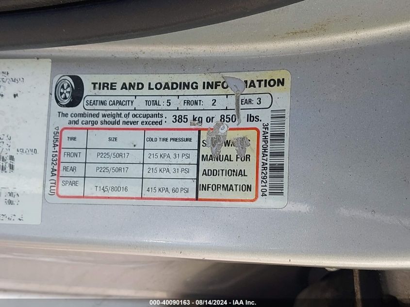 2010 Ford Fusion Se VIN: 3FAHP0HA7AR292104 Lot: 40090163