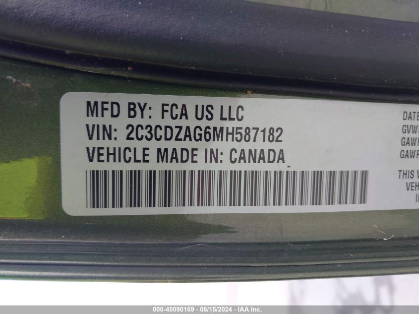 2021 Dodge Challenger Sxt VIN: 2C3CDZAG6MH587182 Lot: 40090169