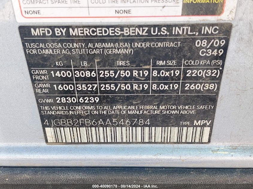 2010 Mercedes-Benz Ml 350 Bluetec 4Matic VIN: 4JGBB2FB6AA546784 Lot: 40090178