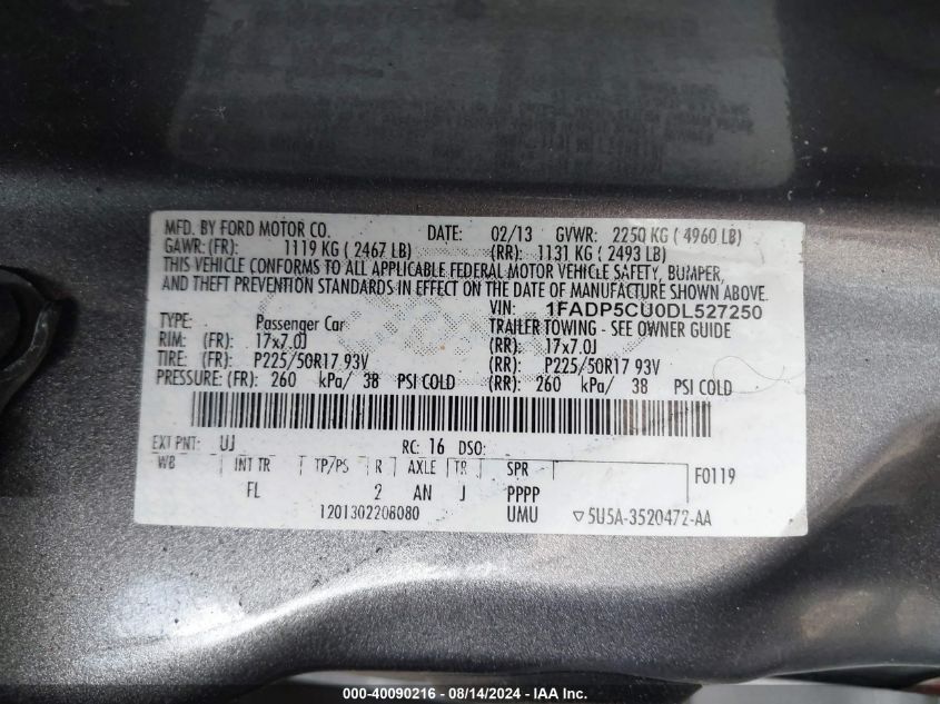 2013 Ford C-Max Energi Sel VIN: 1FADP5CU0DL527250 Lot: 40090216