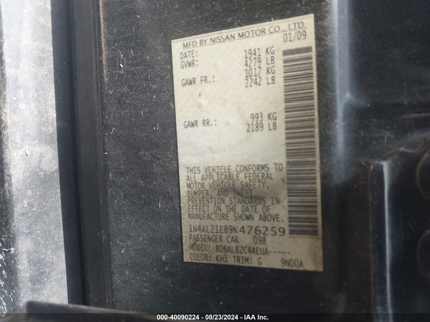 2009 Nissan Altima 2.5 S VIN: 1N4AL21E89N476259 Lot: 40090224