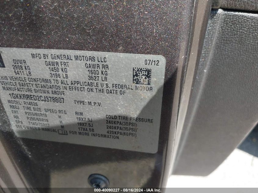 2012 GMC Acadia Slt-1 VIN: 1GKKRRED2CJ378807 Lot: 40090227