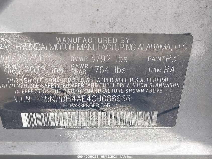 2012 Hyundai Elantra Gls VIN: 5NPDH4AE4CH088666 Lot: 40090268