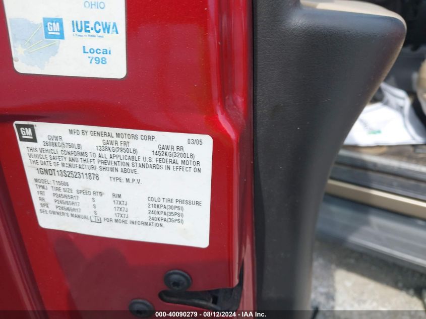 2005 Chevrolet Trailblazer Lt VIN: 1GNDT13S252311878 Lot: 40090279