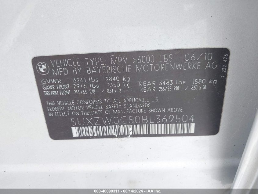 2011 BMW X5 xDrive35D VIN: 5UXZW0C50BL369504 Lot: 40090311