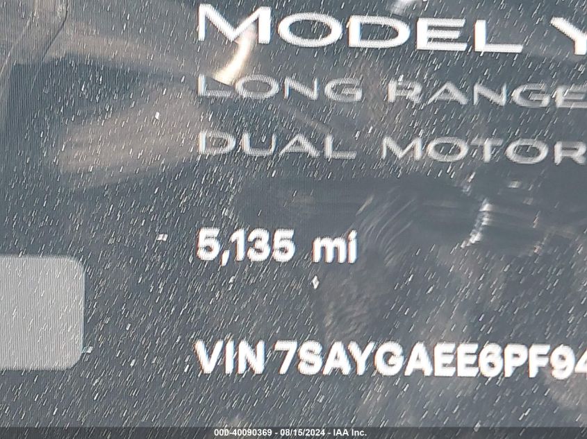 2023 Tesla Model Y Awd/Long Range Dual Motor All-Wheel Drive VIN: 7SAYGAEE6PF946899 Lot: 40090369