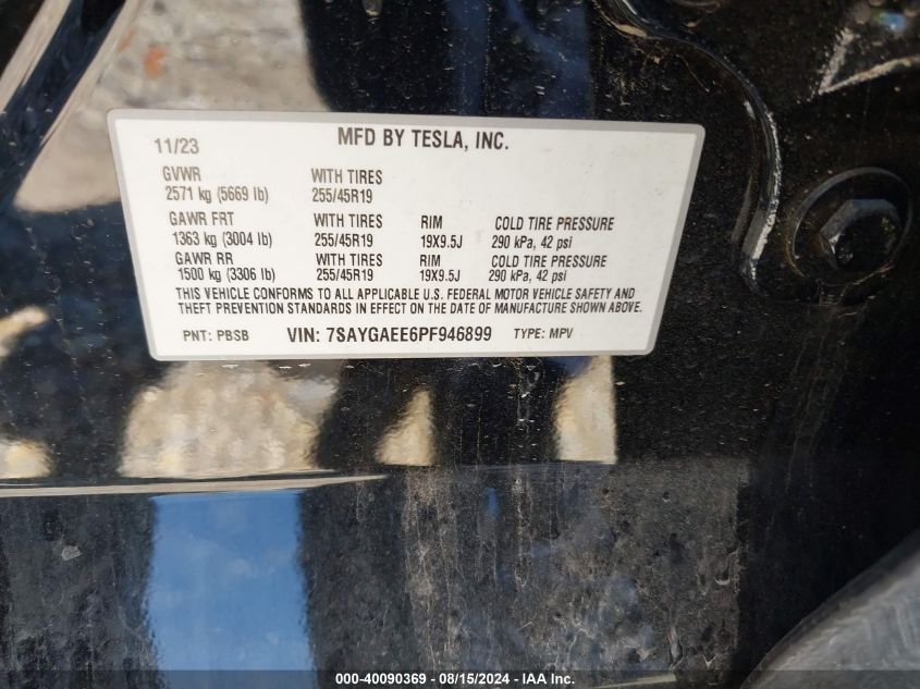 2023 Tesla Model Y Awd/Long Range Dual Motor All-Wheel Drive VIN: 7SAYGAEE6PF946899 Lot: 40090369