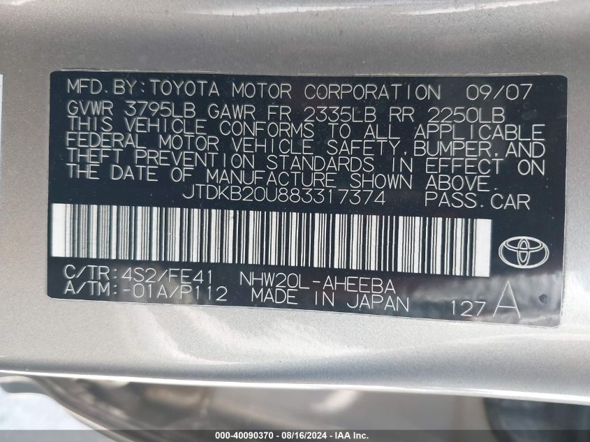 2008 Toyota Prius Touring VIN: JTDKB20U883317374 Lot: 40090370