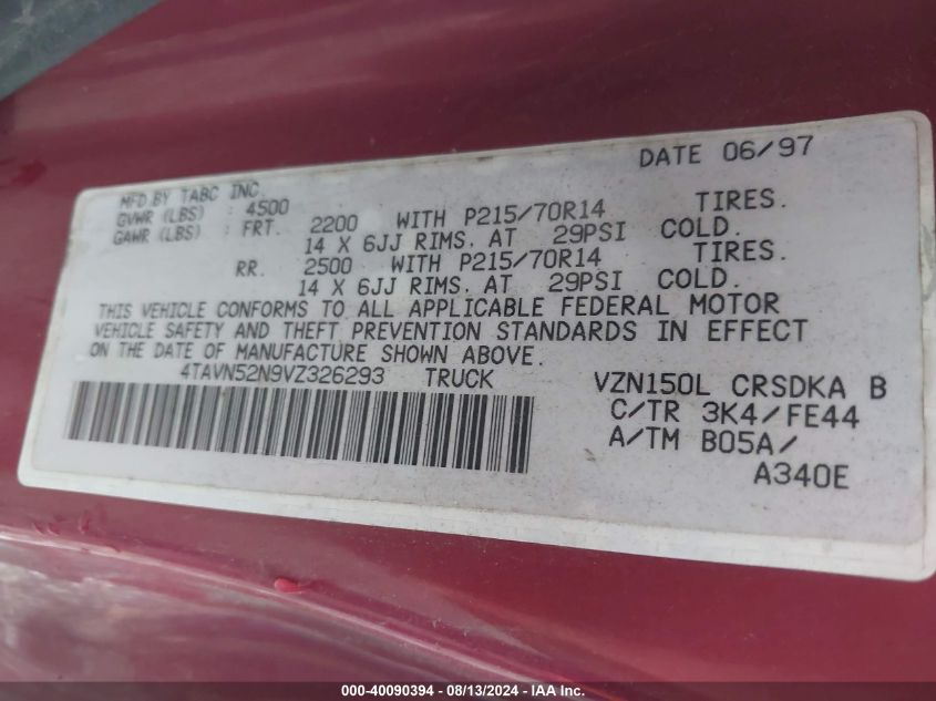 1997 Toyota Tacoma Base V6 VIN: 4TAVN52N9VZ326293 Lot: 40090394