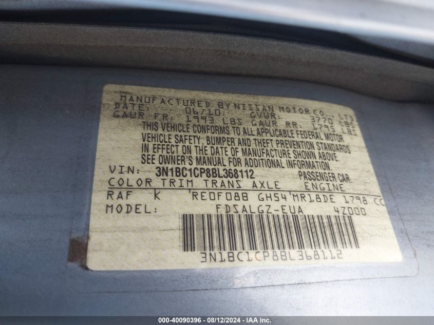 2011 Nissan Versa 1.8Sl VIN: 3N1BC1CP8BL368112 Lot: 40090396