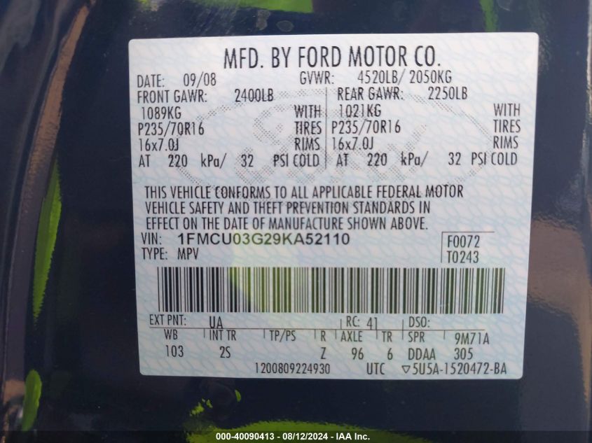 2009 Ford Escape Xlt VIN: 1FMCU03G29KA52110 Lot: 40090413