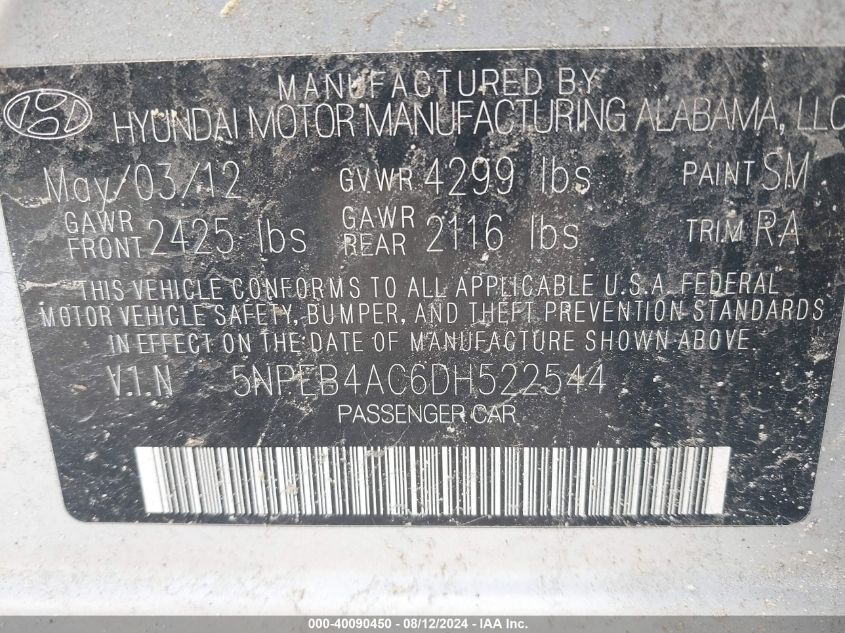 2013 Hyundai Sonata Gls VIN: 5NPEB4AC6DH522544 Lot: 40090450