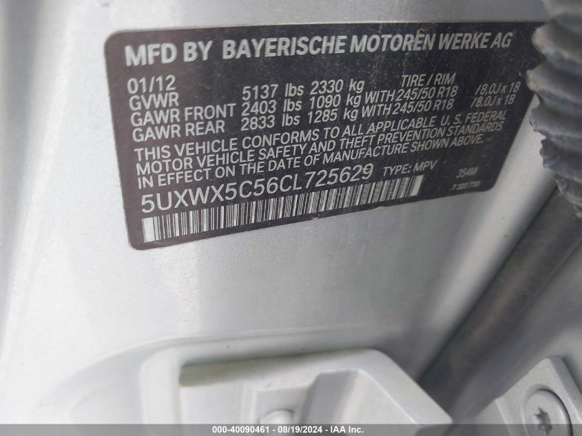 2012 BMW X3 xDrive28I VIN: 5UXWX5C56CL725629 Lot: 40090461