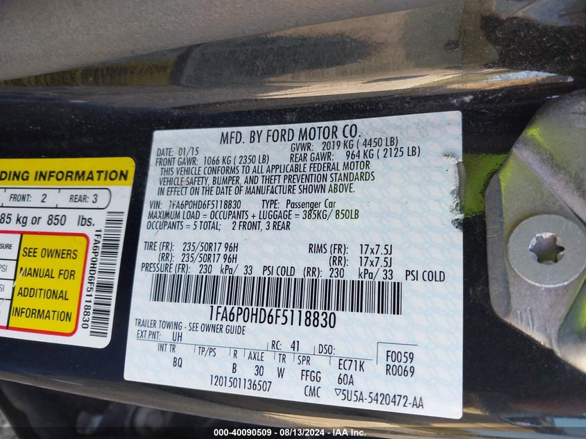 2015 Ford Fusion Se VIN: 1FA6P0HD6F5118830 Lot: 40090509