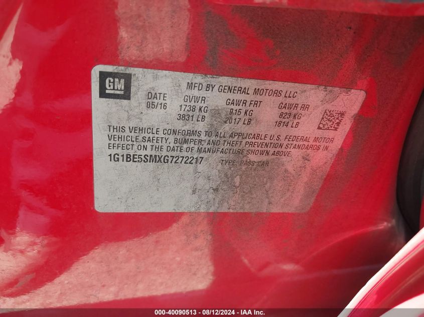 2016 Chevrolet Cruze Lt Auto VIN: 1G1BE5SMXG7272217 Lot: 40090513