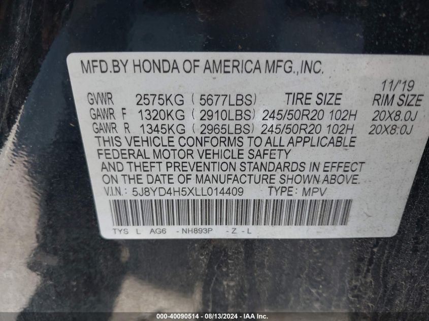 5J8YD4H5XLL014409 2020 Acura Mdx Technology