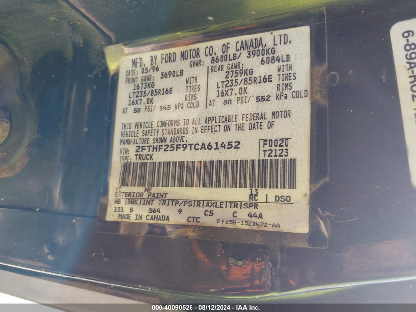 1996 Ford F250 VIN: 2FTHF25F9TCA61452 Lot: 40090526