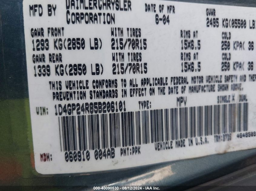 2005 Dodge Grand Caravan Se VIN: 1D4GP24R85B206101 Lot: 40090530