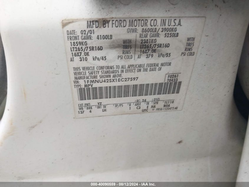 2001 Ford Excursion Limited VIN: 1FMNU42SX1EC27597 Lot: 40090559