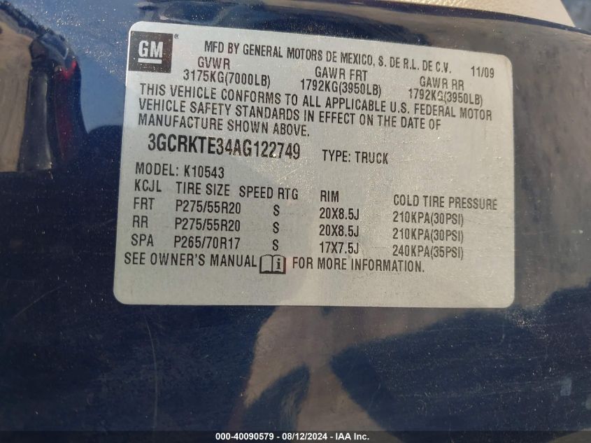2010 Chevrolet Silverado 1500 Ltz VIN: 3GCRKTE34AG122749 Lot: 40090579