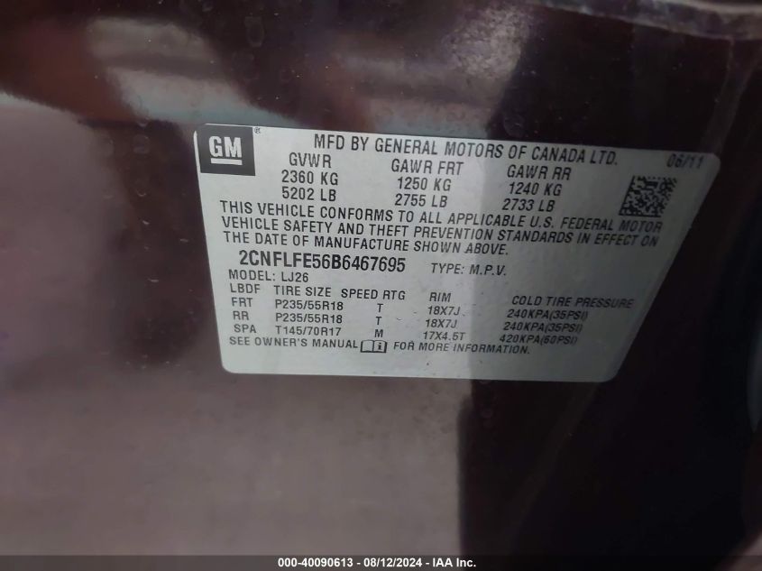 2011 Chevrolet Equinox Ltz VIN: 2CNFLFE56B6467695 Lot: 40090613