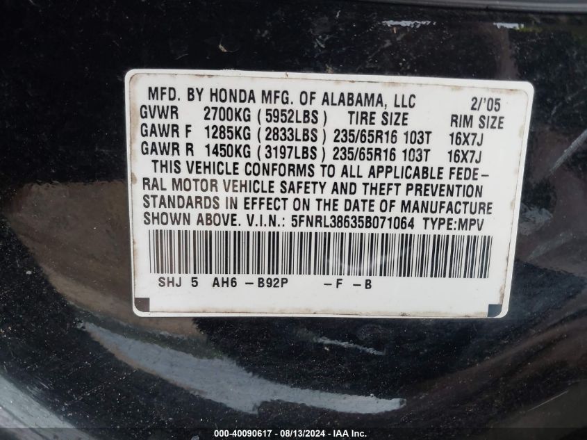 2005 Honda Odyssey Ex-L VIN: 5FNRL38635B071064 Lot: 40090617