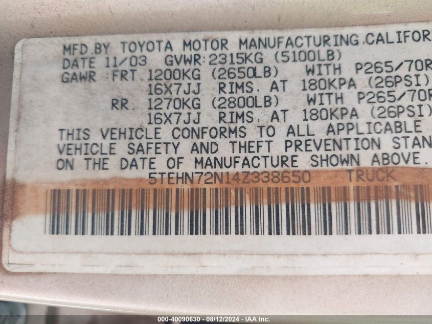 2004 Toyota Tacoma Base V6 VIN: 5TEHN72N14Z338650 Lot: 40090630