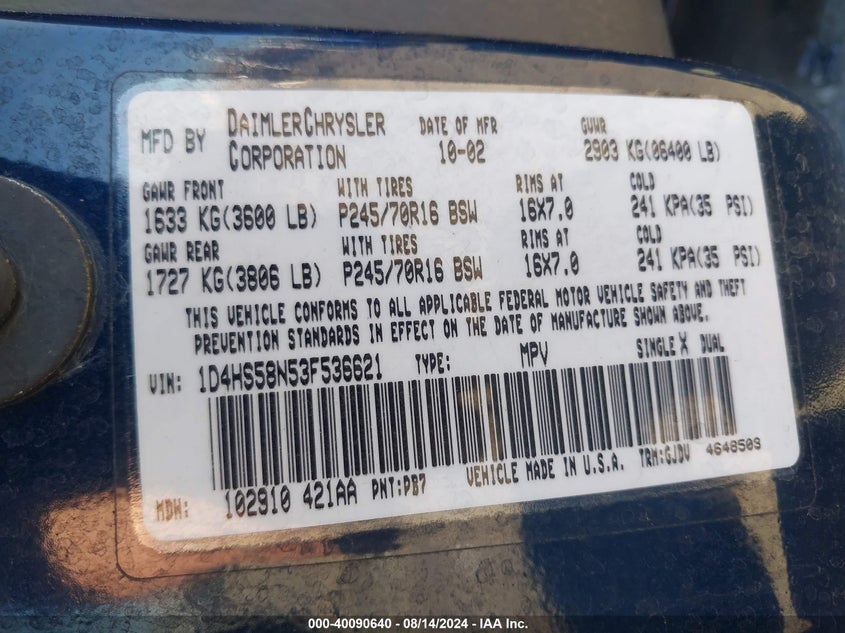 2003 Dodge Durango Slt Plus VIN: 1D4HS58N53F536621 Lot: 40090640