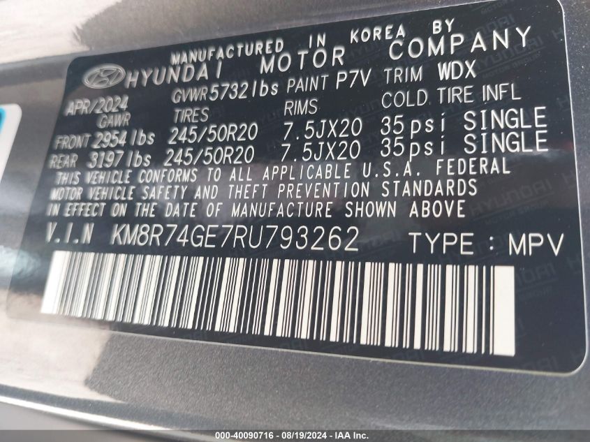 2024 Hyundai Palisade Calligraphy VIN: KM8R74GE7RU793262 Lot: 40090716