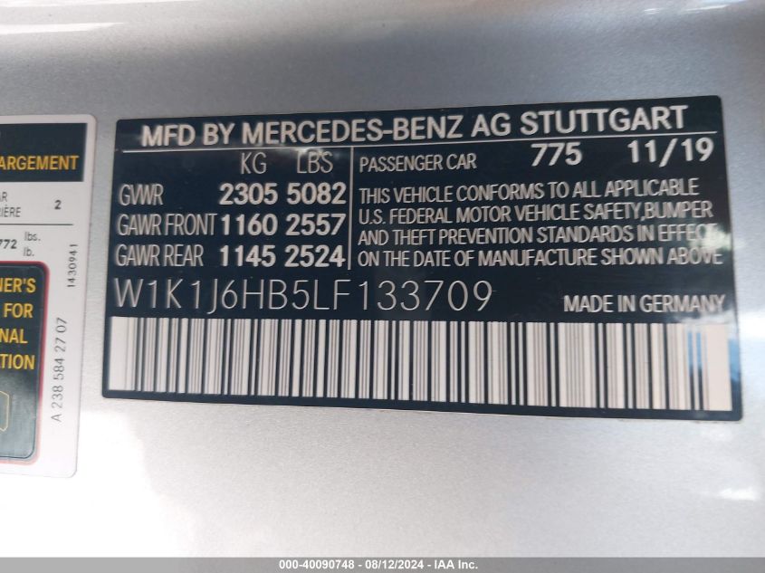 2020 Mercedes-Benz E 450 VIN: W1K1J6HB5LF133709 Lot: 40090748