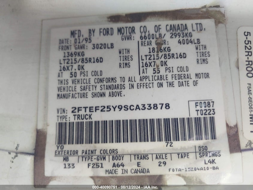 1995 Ford F250 VIN: 2FTEF25Y9SCA33878 Lot: 40090751