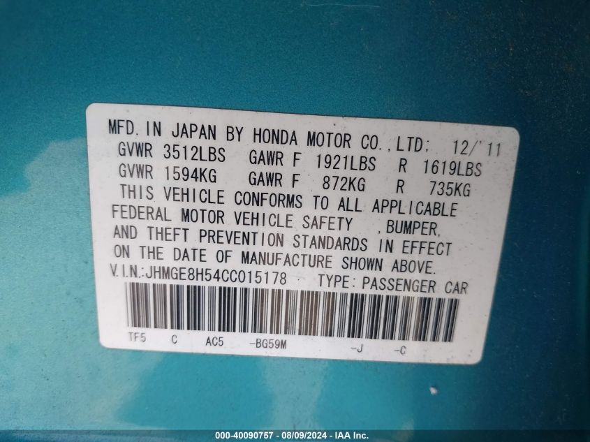 2012 Honda Fit Sport VIN: JHMGE8H54CC015178 Lot: 40090757