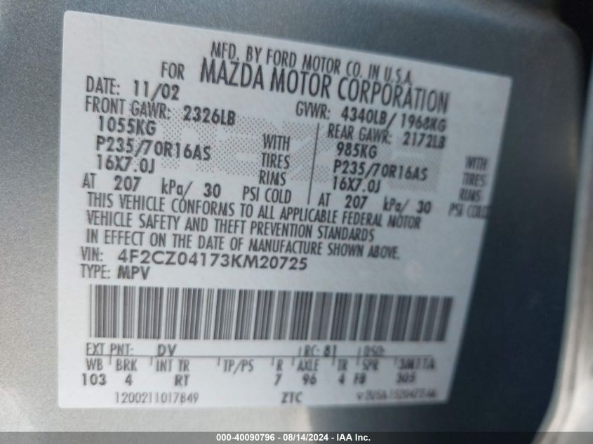 2003 Mazda Tribute Lx VIN: 4F2CZ04173KM20725 Lot: 40090796