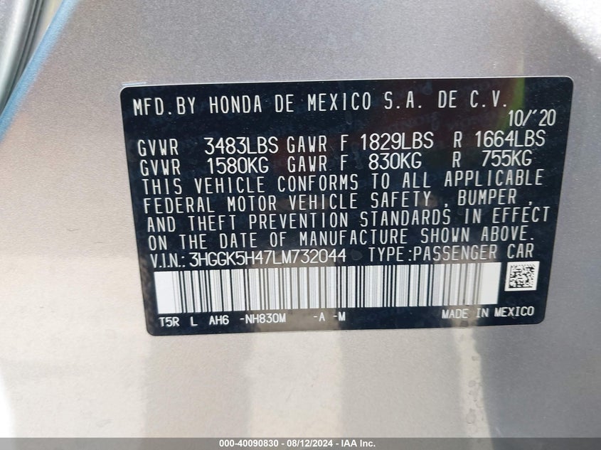 VIN 3HGGK5H47LM732044 2020 HONDA FIT LX