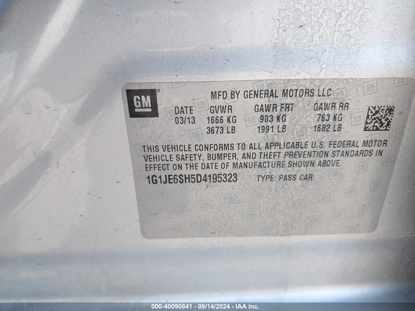 2013 Chevrolet Sonic Ltz Auto VIN: 1G1JE6SH5D4195323 Lot: 40090841