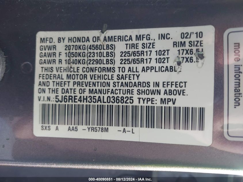 2010 Honda Cr-V Lx VIN: 5J6RE4H35AL036825 Lot: 40090851