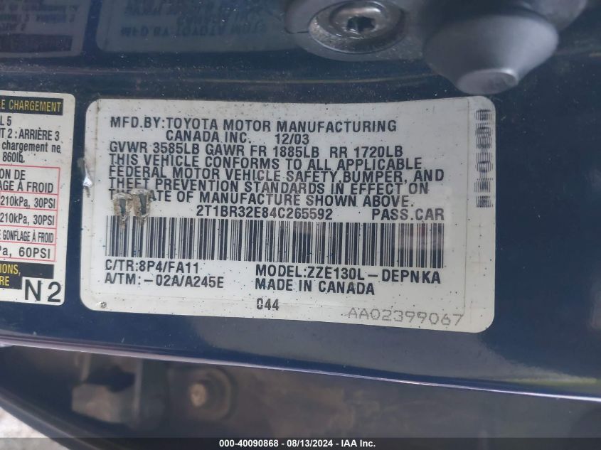 2004 Toyota Corolla Ce/Le/S VIN: 2T1BR32E84C265592 Lot: 40090868