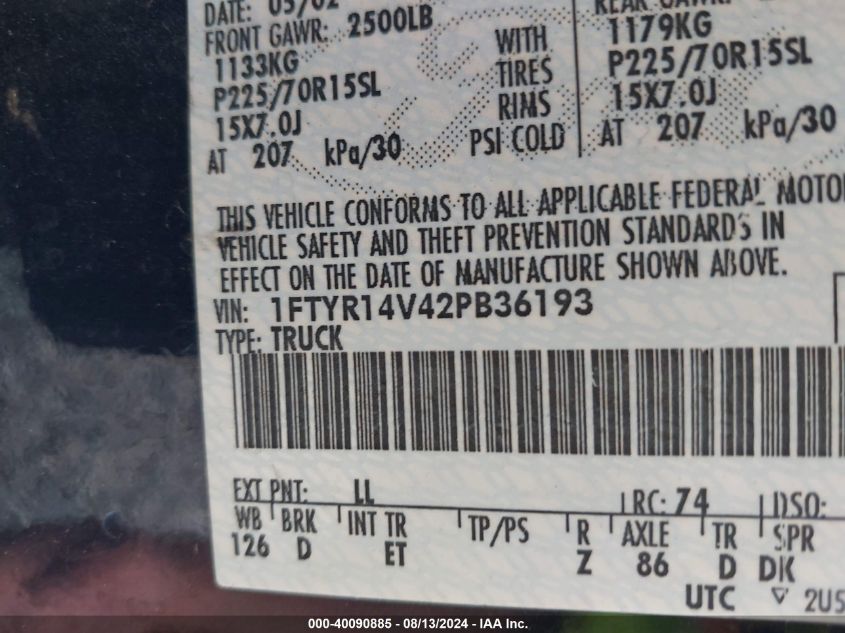 2002 Ford Ranger Edge/Tremor/Xl/Xlt VIN: 1FTYR14V42PB36193 Lot: 40090885