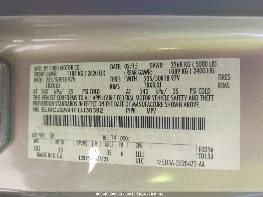 2015 Lincoln Mkc VIN: 5LMCJ2A91FUJ36392 Lot: 40090900