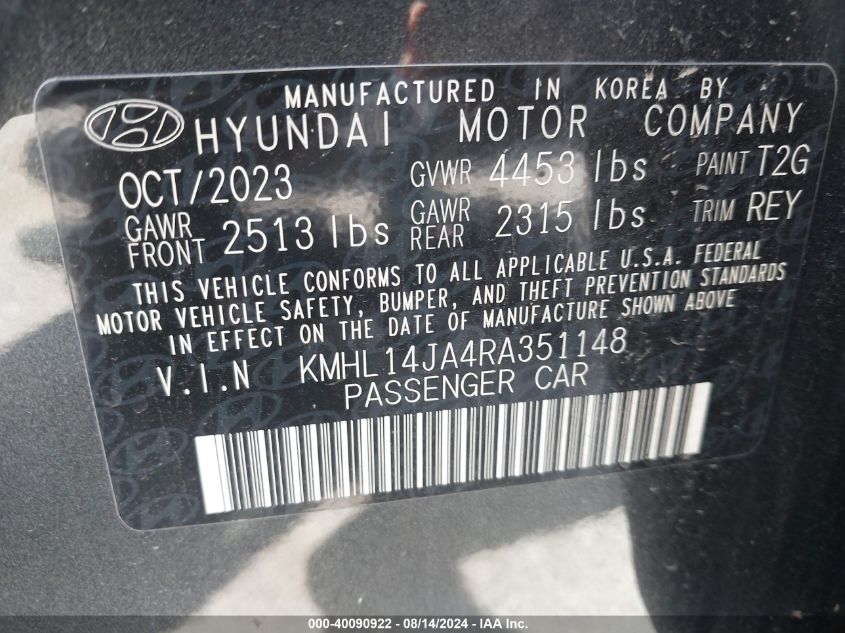 2024 Hyundai Sonata Sel VIN: KMHL14JA4RA351148 Lot: 40090922