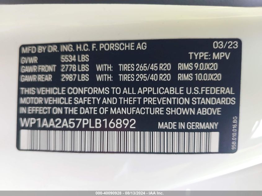 2023 Porsche Macan T VIN: WP1AA2A57PLB16892 Lot: 40090928